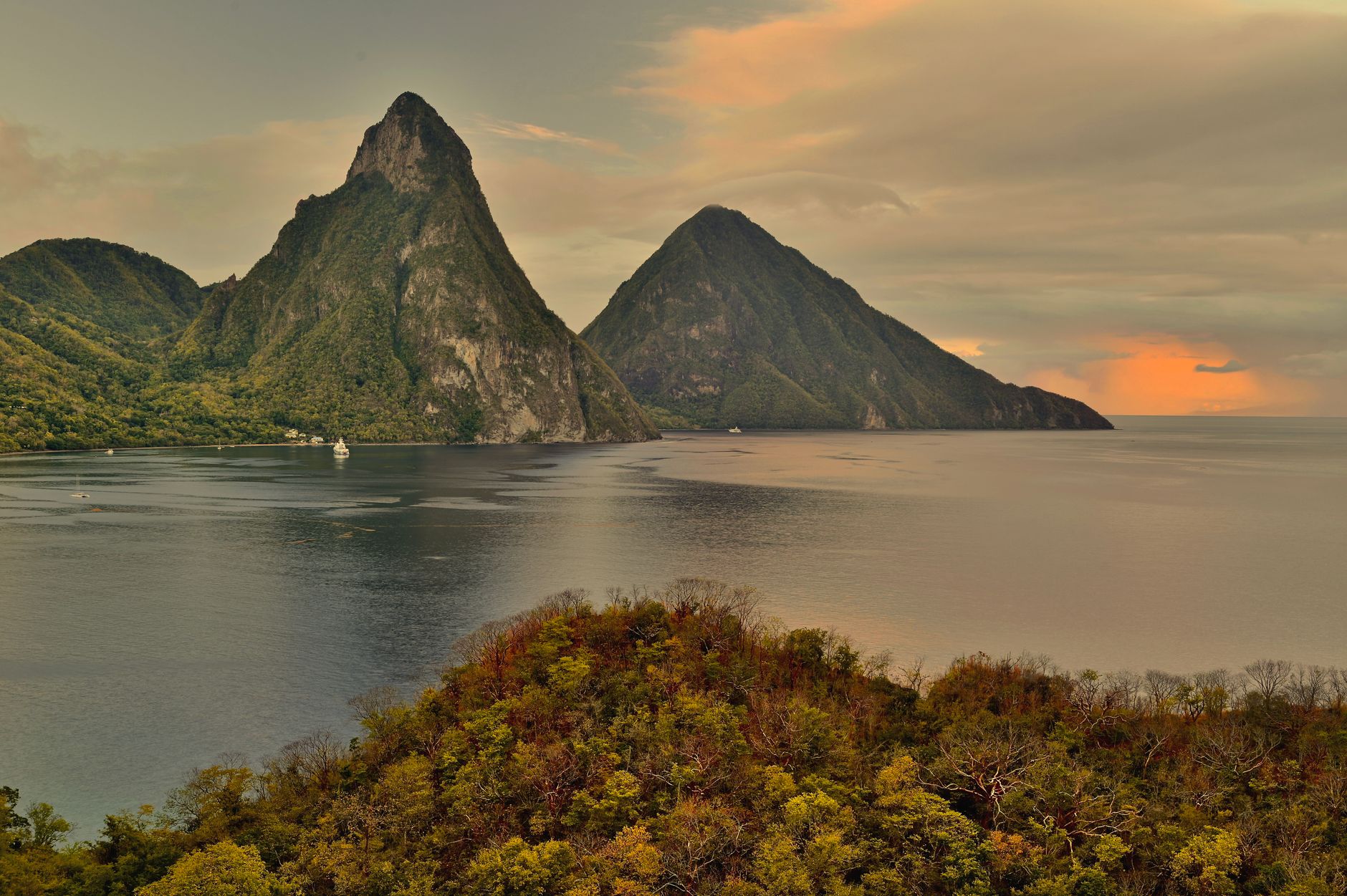 The Pitons rising steeply out of the sea on St Lucia