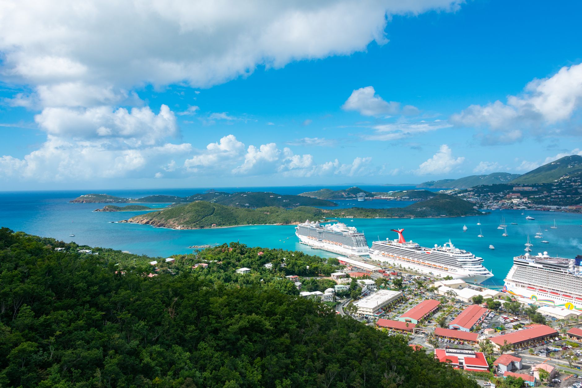 Charlotte Amalie harbour seen from the green hills above