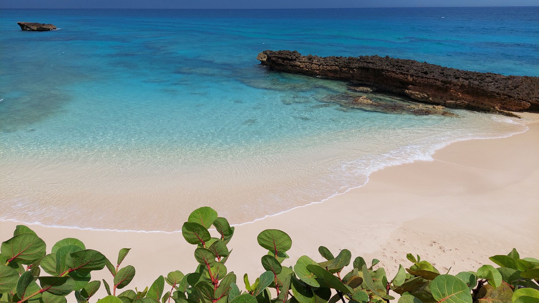 The pale sand and flat clear shallows of Grace Bay