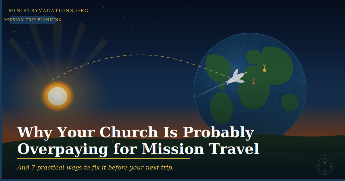 Airplane flying over a world globe at dusk representing church group mission trip travel planning — MinistryVacations.org